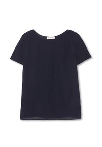 Top a maniche corte blu navy realizzato in tessuto leggero. Presenta un collo rotondo e una vestibilità rilassata con orlo dritto.