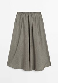 Jupe midi avec taille élastique en tissu gris présentant un subtil motif à carreaux et des plis doux.