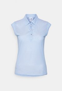 Svetle modrá polo košile s krátkými rukávy a texturovaným pruhovaným vzorem, s knoflíkovým řádkem a klasickým límečkem. Na lemu má malé logo.