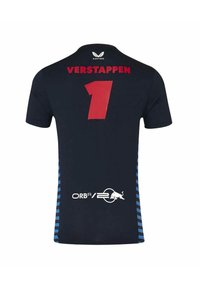 Granatowa koszulka z krótkim rękawem z czerwonym napisem "1" i „VERSTAPPEN” z tyłu, ozdobiona niebieskimi paskami i białym detalem logo u dołu.