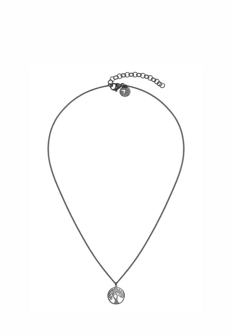 Kreisförmige Anhängerhalskette mit Baumdesign, aus dunklem Metall gefertigt, mit einer dünnen Kette und verstellbarem Verschluss für Variationen in der Länge.