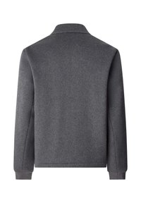 Chaqueta gris de mezcla de lana con collar, mangas largas y puños acanalados. La parte trasera presenta una textura suave y color sólido sin adornos.