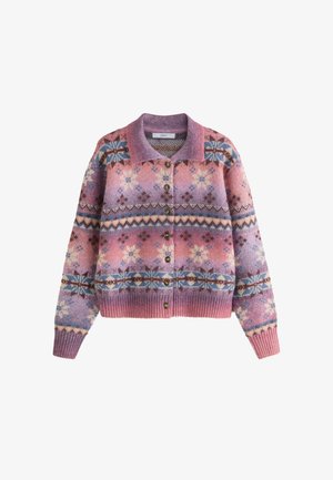 Wollkar cardigan in rosa und lila Farbtönen mit geometrischem Muster, ausgestattet mit einem Kragen, Knopfverschluss sowie gerippten Bündchen und Saum.