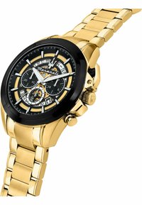 Goldfarbene Uhr mit schwarzem Zifferblatt, Chronographenfunktionen und einem gliederförmigen Metallarmband. Auffällige schwarze Lünette und zahnradähnliche Details auf dem Zifferblatt.