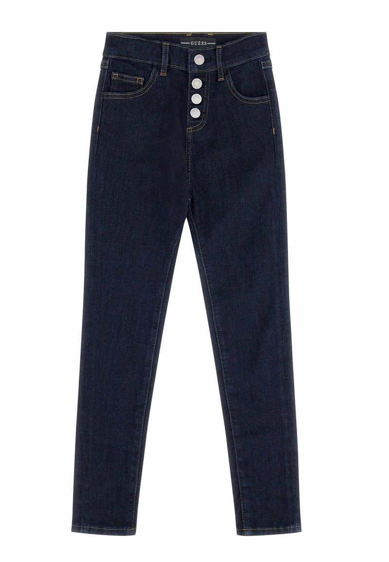 Jean skinny taille haute bleu foncé avec quatre boutons argentés, poches avant et coutures jaunes, de la marque Guess.