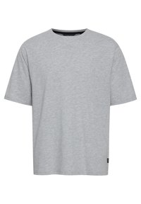 Short-sleeve, crew-neck t-shirt in light grey, made from soft, textured fabric; features a straight cut and small logo tag on the hem.