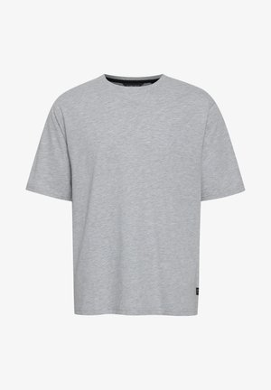 Tricou cu maneci scurte, cu guler rotund, de culoare gri deschis, realizat dintr-un material moale și texturat; prezintă o croială dreaptă și o etichetă mică cu logo pe tiv.