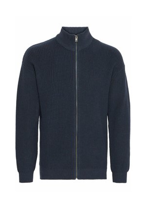 Maglione zip-up blu scuro con texture a coste, colletto alto e due tasche laterali. Presenta una zip full-length e polsini aderenti.