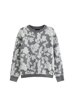 Gray sweater featuring a floral pattern in white. Round neck, long sleeves, textured fabric, casual fit. Soft, knit material.