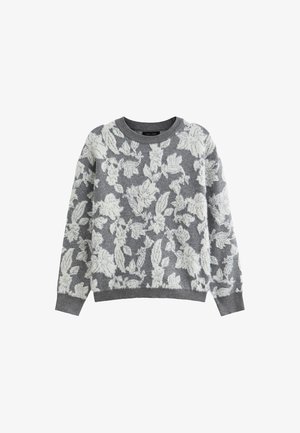 Pull gris avec un motif floral blanc. Col rond, manches longues, tissu texturé, coupe décontractée. Matière douce en maille.