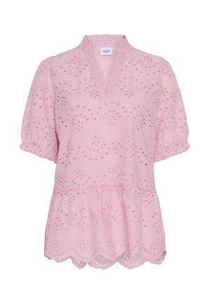 Ružový krátky rukáv top s volánovým golierom, vyšívanými očkovými vzormi a peplum strihom so zúbkovaným lemom.