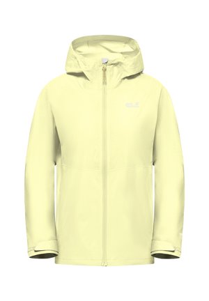 Veste à capuche jaune clair avec fermeture éclair frontale, brides réglables aux poignets, et logo discret sur le côté gauche de la poitrine.