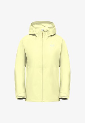 Veste à capuche jaune clair avec fermeture éclair frontale, brides réglables aux poignets, et logo discret sur le côté gauche de la poitrine.