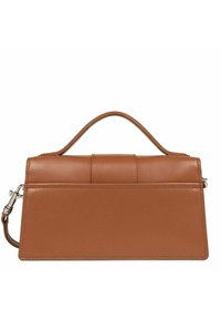 Borsa a tracolla in pelle marrone con una forma rettangolare strutturata, dotata di una maniglia superiore, chiusura a pattina e dettagli di cucitura sottili.