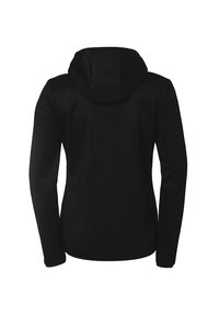 Schwarze Kapuzenjacke mit langen Ärmeln, glattem Stoff und einer lockeren Passform. Verfügt über eine Kapuze und keine sichtbaren Beschläge oder Muster auf der Rückseite.