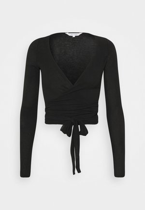 Black long-sleeve wrap top made from a lightweight fabric, featuring a deep V-neck and a tie detail at the waist.