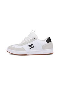 White and gray sneaker with a suede and mesh upper, featuring a black logo, round laces, and a brown rubber sole.