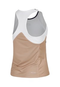 Top atletico smanicato beige e bianco con fodera interna in rete, tessuto leggero e stampa "DEEP DRY" vicino all'orlo.