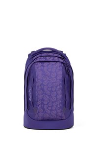 Purple backpack with multiple zippered compartments and a patterned front panel featuring abstract smiley faces.