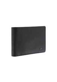 Schwarze Lederbrieftasche mit glatter Textur, minimalistischem Design und eingeprägtem Logo. Verfügt über eine rechteckige Form und genähte Kanten.