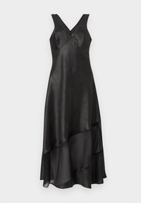 Black dress featuring a V-neck, sleeveless design, layered hem, and a textured finish, made from a smooth, lightweight fabric.