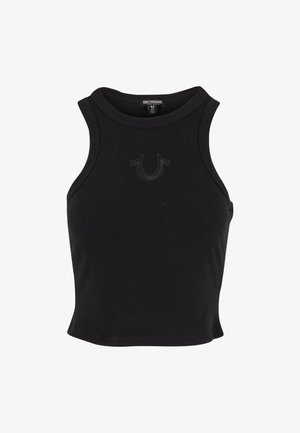 Zwart geribbeld tanktop met een ronde hals, met een matte zwarte logo aan de voorkant. De stof ziet er glad en aansluitend uit.