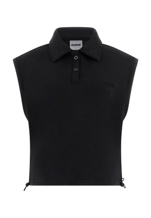 Czarna bezrękawnikowa koszulka polo z kołnierzykiem, dwoma guzikami, regulowanymi troczkami u dołu i subtelnym logo Guess na piersi.