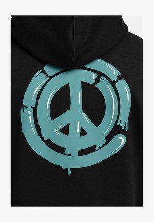 Sudadera negra con un gran gráfico de símbolo de la paz en turquesa con efecto de pintura goteando en la parte posterior. Textura de tela suave, diseño casual.