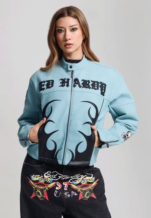 Ed Hardy, WOMENS ED HARDY GOTHIC FLAMES OVERSIZED BIKER JACKET - Imiteret læderjakke - blue