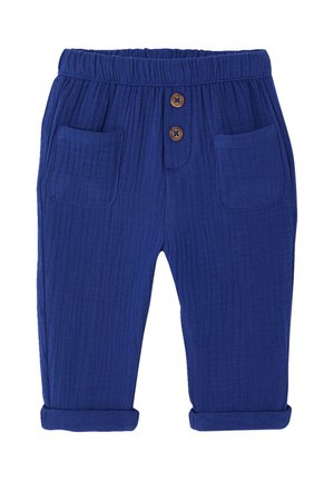 Blue toddler pants with elastic waistband, two front patch pockets, two brown buttons, and rolled-up cuffs.