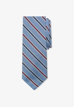 Hellblaues Seidenkrawatte mit diagonalen Streifen in Marineblau, Rot und Weiß, gefaltet auf weißem Hintergrund präsentiert.