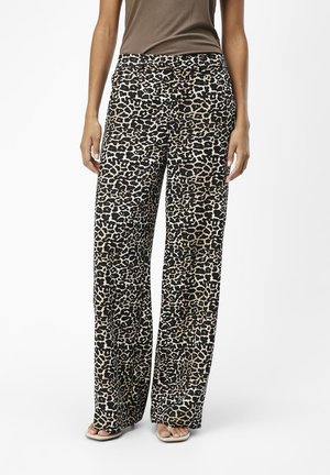 Buks med leopardprint i vide ben, laget av mykt stoff, med sorte og brune farger, avslappet passform og subtile sidelommer.
