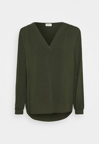 Blouse à manches longues verte foncée avec décolleté en V, en tissu doux, avec des manches à poignets et un ourlet légèrement arrondi. Conçue pour un ajustement décontracté.