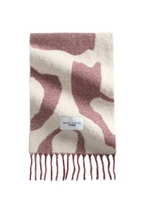 Wollen sjaal met een beige basis en bordeauxrode abstracte patronen, met franjes aan de randen en een merklabel met de tekst "Marc O’Polo DENIM."