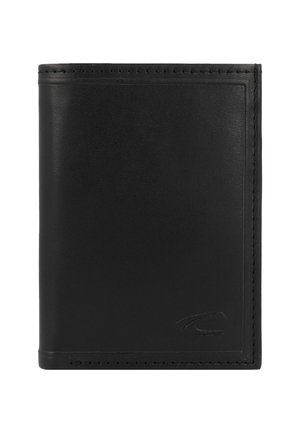 Black leather wallet with a smooth texture, bi-fold design, and subtle stitching detail. Features a logo embossed on the front.