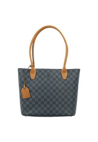 Navy patterned tote bag with brown leather handles and tag. Features a smooth texture and structured design, suitable for everyday use.