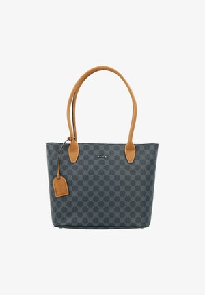 Tote Bag im Marine-Look mit braunen Ledergriffen und Anhänger. Bietet eine glatte Textur und ein strukturiertes Design, geeignet für den täglichen Gebrauch.