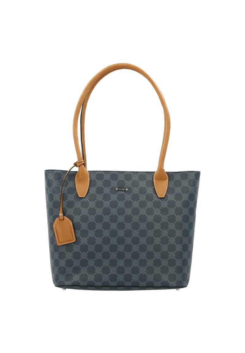 Navy patterned tote bag with brown leather handles and tag. Features a smooth texture and structured design, suitable for everyday use.