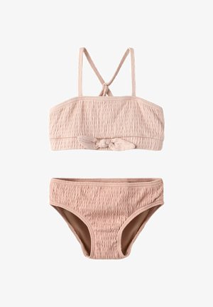 Vaaleanpunainen, teksturoitu kaksiosainen uimavaate, jonka yläosassa on solmittu etuosa ja selässä ristikkäiset spagettihihnat.