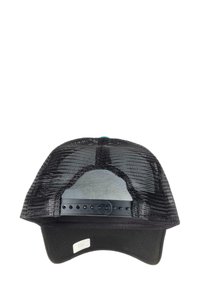 Black baseball cap with a mesh back, featuring a flat brim and adjustable snap closure. Notable details include a smooth front and ventilated mesh.