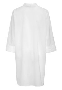 Weißes Leinenhemd mit Rückansicht, mit Kragen, dreiviertellangen Ärmeln und geradem Saum. Glatte Textur ohne Muster.