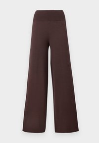 Pantalons en tricot marron à taille haute et jambes larges, avec une taille élastique côtelée, présentés sur un fond blanc uni.