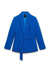 Blue tailored blazer with shawl collar and matching fabric belt tied at the waist, two front welt pockets, long sleeves.