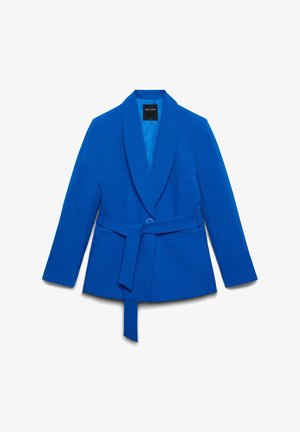 Blaues, maßgeschneidertes Sakko mit Schalkragen und passendem Stoffgürtel, der in der Taille gebunden wird, zwei vordere Leistentaschen, lange Ärmel.