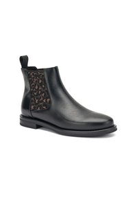 Botas de cuero negro hasta el tobillo con un acabado suave, que presentan un panel lateral de tejido estampado en marrón y negro. Suela de goma duradera.