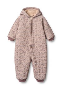 Pikowany kombinezon w miękkim różowym kolorze z kwiatowym wzorem, wyposażony w kaptur, przedni zamek błyskawiczny oraz ściągacze na rękawach dla dopasowania. Wnętrze wyściełane polarem.