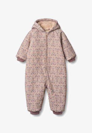 Pehmeas roosas toonis lillemustriga tikitud ülikond, millel on kapuuts, esilukk ja soonikkoes mansetid tiheda sobivuse tagamiseks. Sisevooder fliisist.