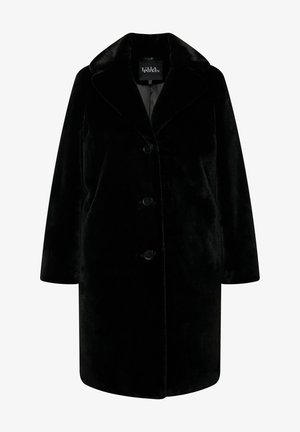 Cappotto in finta pelliccia nera con colletto a punte, chiusura a bottoni e silhouette rilassata. Tessuto liscio con maniche lunghe e tasche laterali.