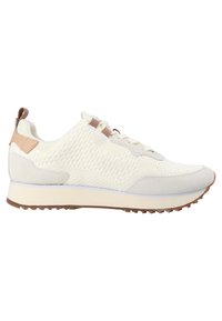 Light-colored sneaker with a textured mesh body, suede accents, and a rubber sole. Features beige detailing and a rounded toe design.
