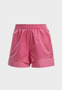 Pantaloni sportivi rosa realizzati in materiale leggero e lucido, con una cintura elastica e un piccolo logo nella parte anteriore inferiore.